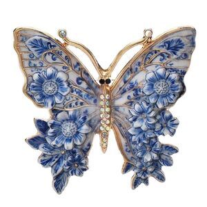 Blue White Floral Butterfly Brooch Enamel Rhinestone Art Pottery Style Pin